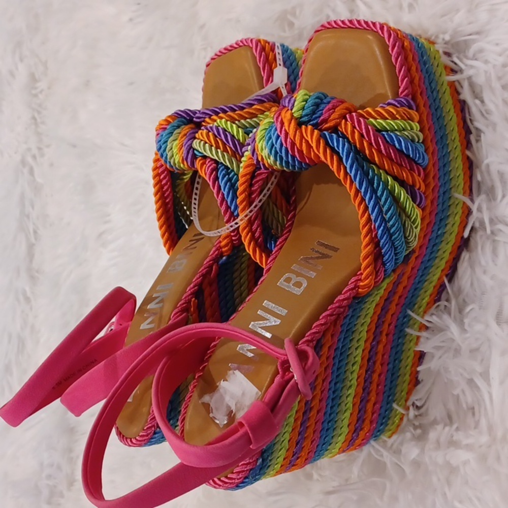 Gianni Bini Rainbow Striped Platform Sandals with Pink Straps - Picture 6 of 16